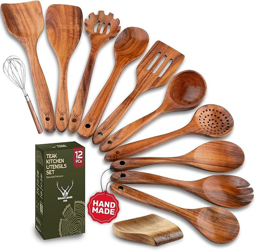 12 Pcs Wooden Cooking Utensils Set – Luxury Wooden Kitchen Utensils by WOODLANDSUSA