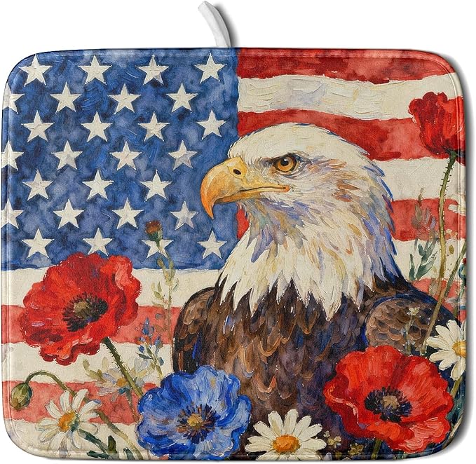 4th of July American Flag Eagle Dish Drying Mat by Aytipun