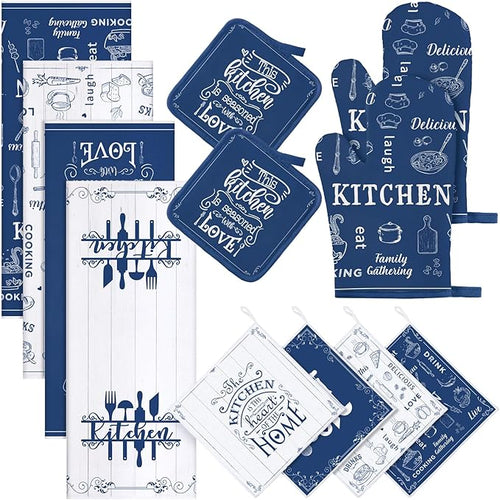 12 Pcs Farmhouse Kitchen Oven Mitts and Pot Holders Decor Sets 4 Blue Kitchen by Bencailor