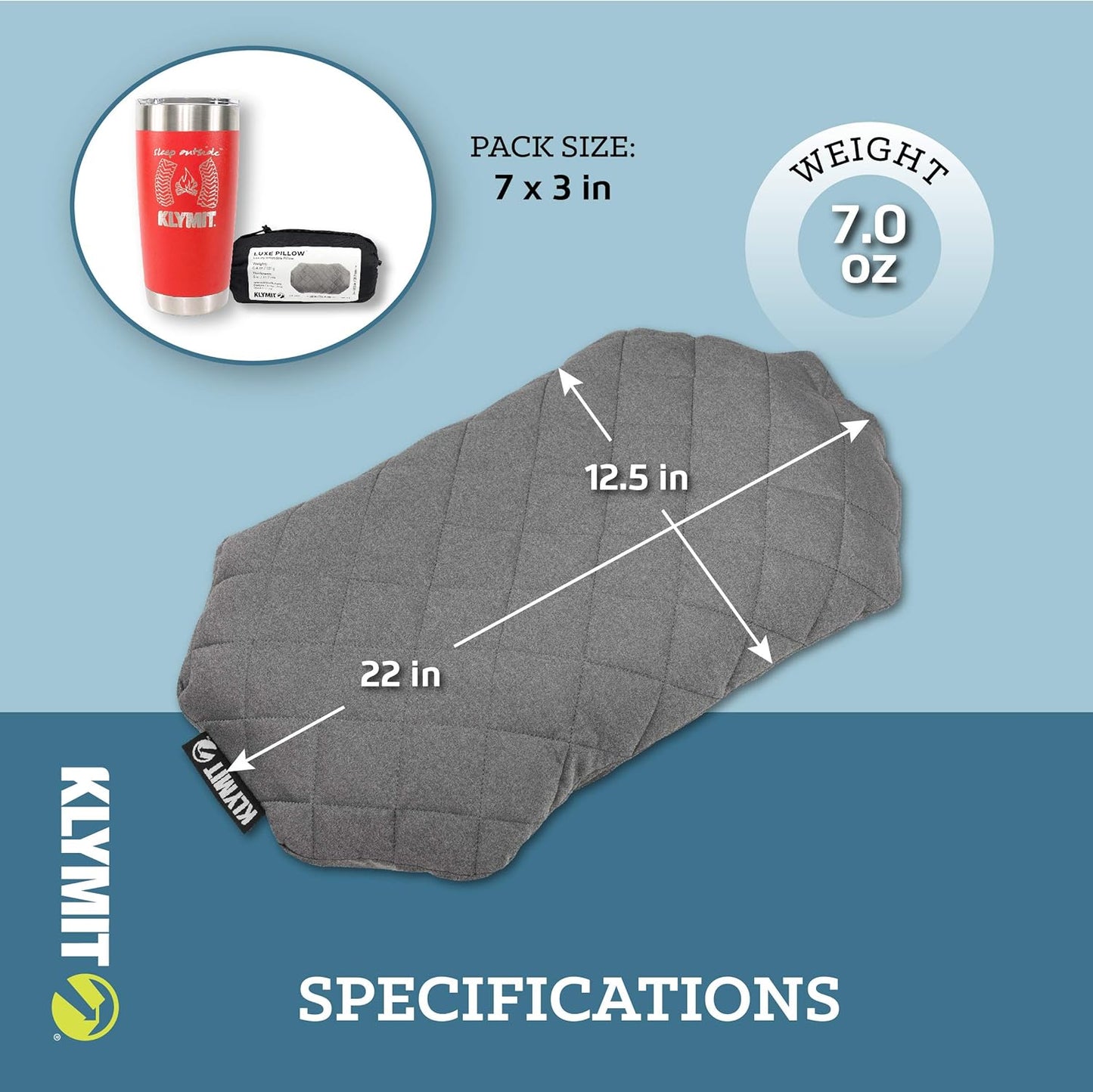 Klymit Luxe Travel Pillow, Lightweight Inflatable Hybrid Airplane, Backpacking, Hammock, and Camping Pillow, Grey
