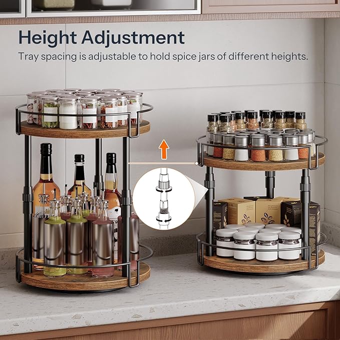 HOOBRO Lazy Susan Organizer Spice Rack, 2-Tier Height Adjustable Rotating Spice - Image 3