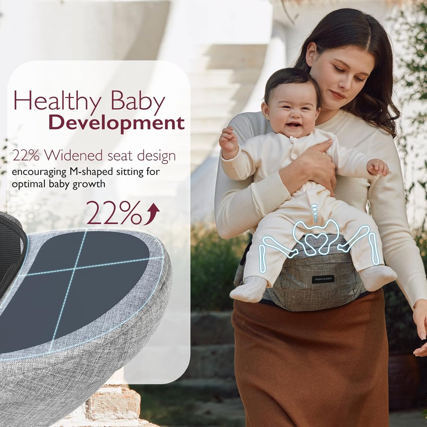 Momcozy Hip Seat Baby Carrier - Adjustable Waistband with Original 3D Belly Protector, Ergonomic Carrier with Various Pockets for Toddlers up to 45lbs (Grey, Medium 27-45IN)