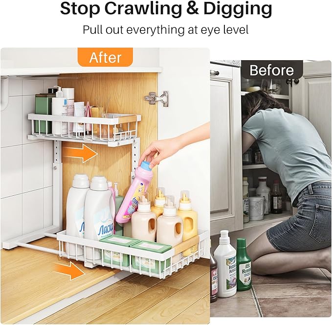 PXRACK Under Sink Organizer, Adjustable Height, 2 Tier Pull Out Under Cabinet - Image 4