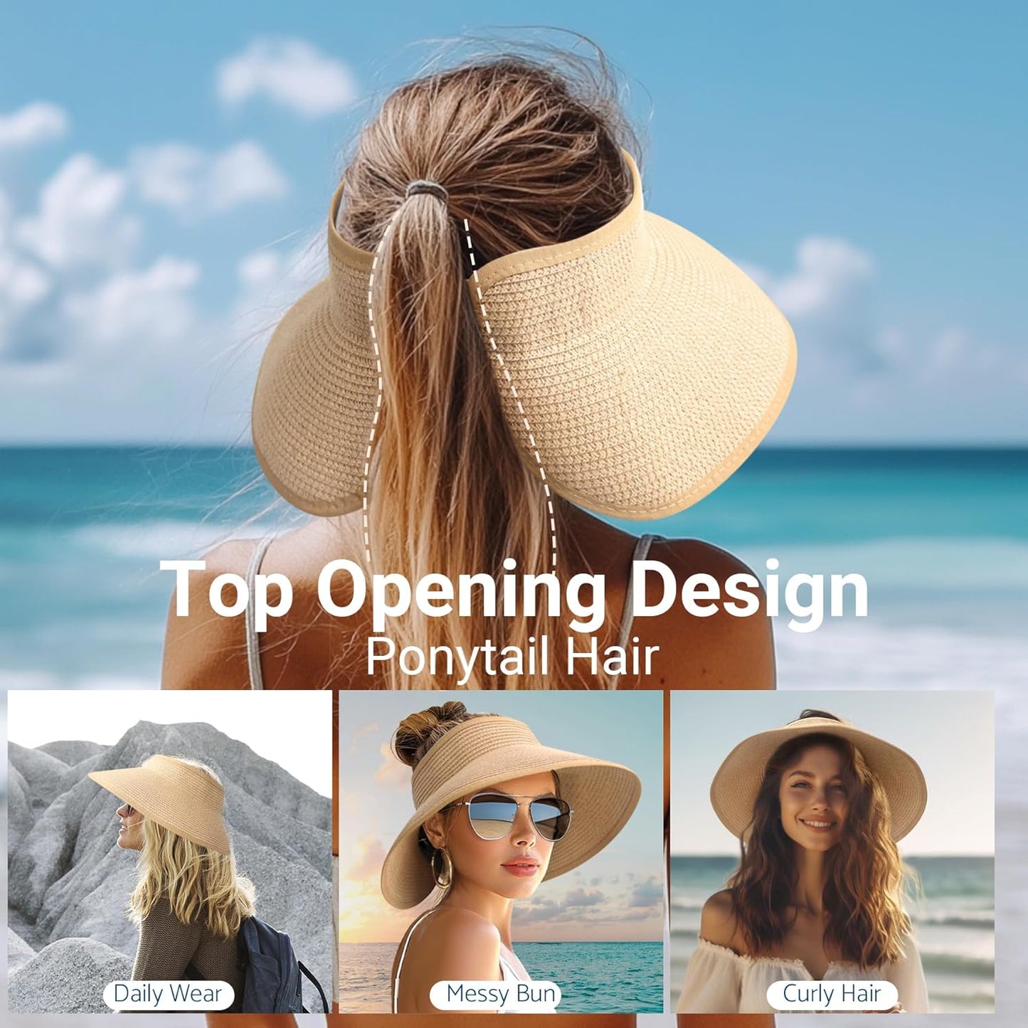 PFFY Sun Hats for Women Straw Beach Hat Packable Foldable Wide Brim Ponytail Travel Visor