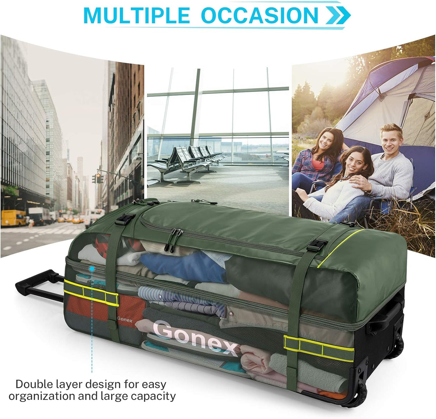 Gonex Rolling Duffle Bag with Wheels, 100L Water Repellent Large Wheeled Travel Duffel Luggage with Rollers 33 inch, Olive Green
