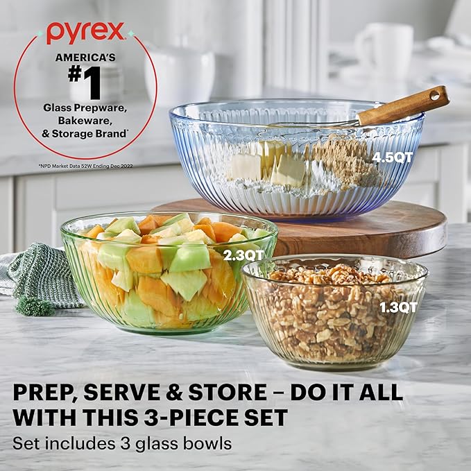 Pyrex Colors Tinted 3-PC, Unlidded Small/Medium/Large Glass Mixing Bowls - Image 2