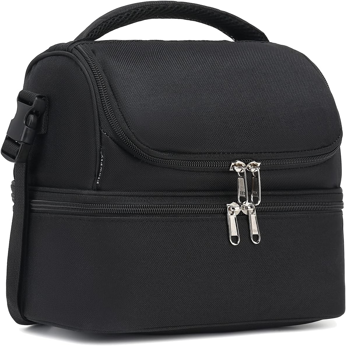 FlowFly Double Decker Cooler Insulated Lunch Bag Large Tote for Boys, Girls, Men, Women, With Adjustable Strap,Black
