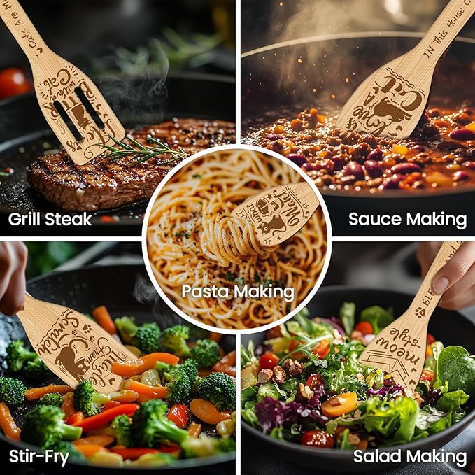 CUTHOLLOW 6PCS Cartoon Cats Wooden Kitchen Cooking Utensil Set, 11.9in Non - Image 4