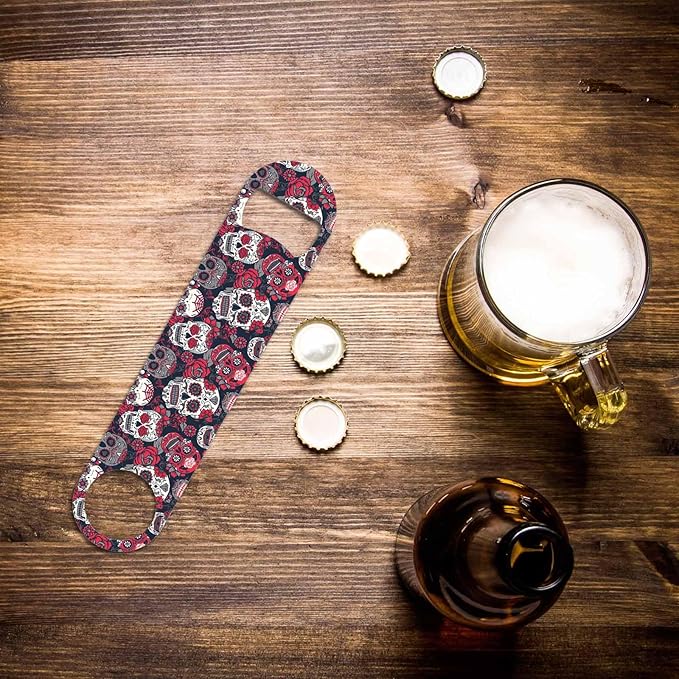 Skull and Flowers Stainless Steel Bottle Opener Day of The Dead Skull Red Peony - Image 6