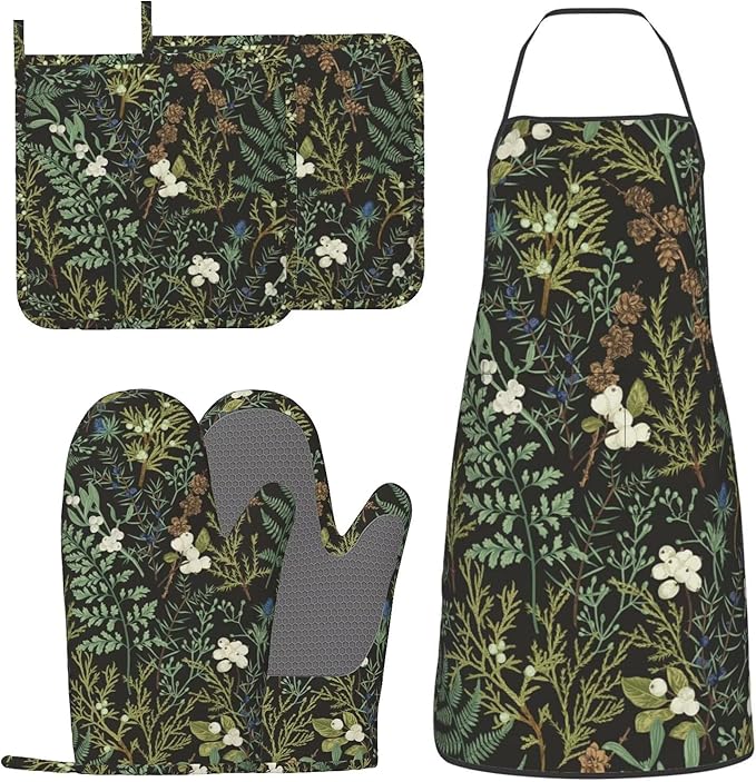 Botanical Print Floral Oven Mitts Pot Holders Farmhouse Cooking Apron Set of 5 by Unknown