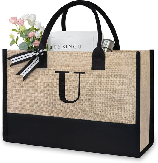 TOPDesign Initial Jute/Canvas Tote Bag, Personalized Present Bag, Suitable for Wedding, Birthday, Beach, Holiday, is a Great Gift for Women, Mom, Teachers, Friends, Bridesmaids (Letter U)