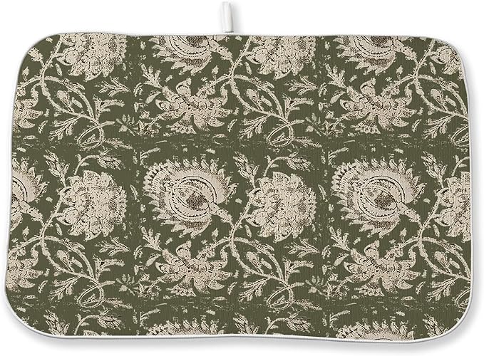 Green Dish Drying Mat 18 x 24 Inch Vintage Olive Green Floral Drying Mat by Sorktse
