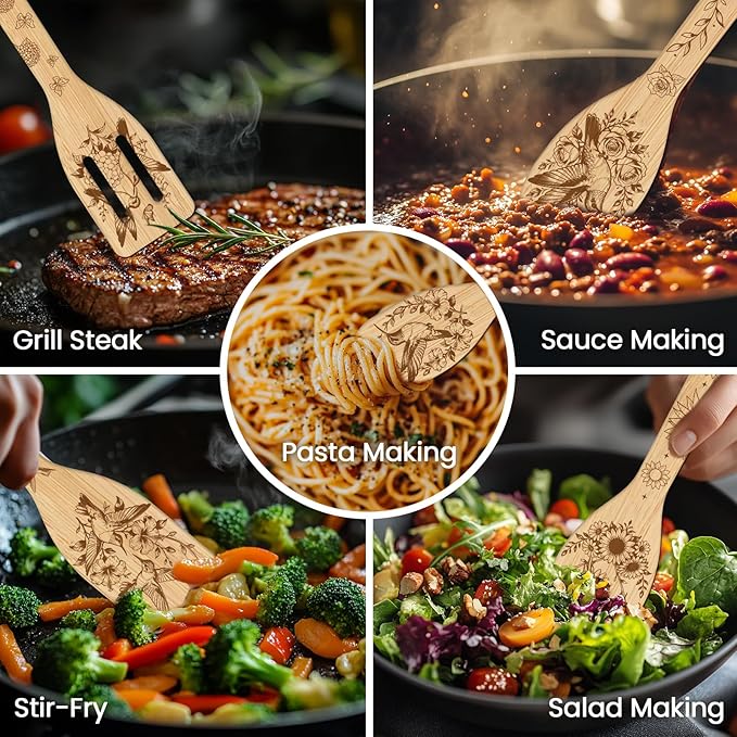 CUTHOLLOW 6PCS Hummingbird and Rose Wooden Kitchen Cooking Utensil Set - Image 4