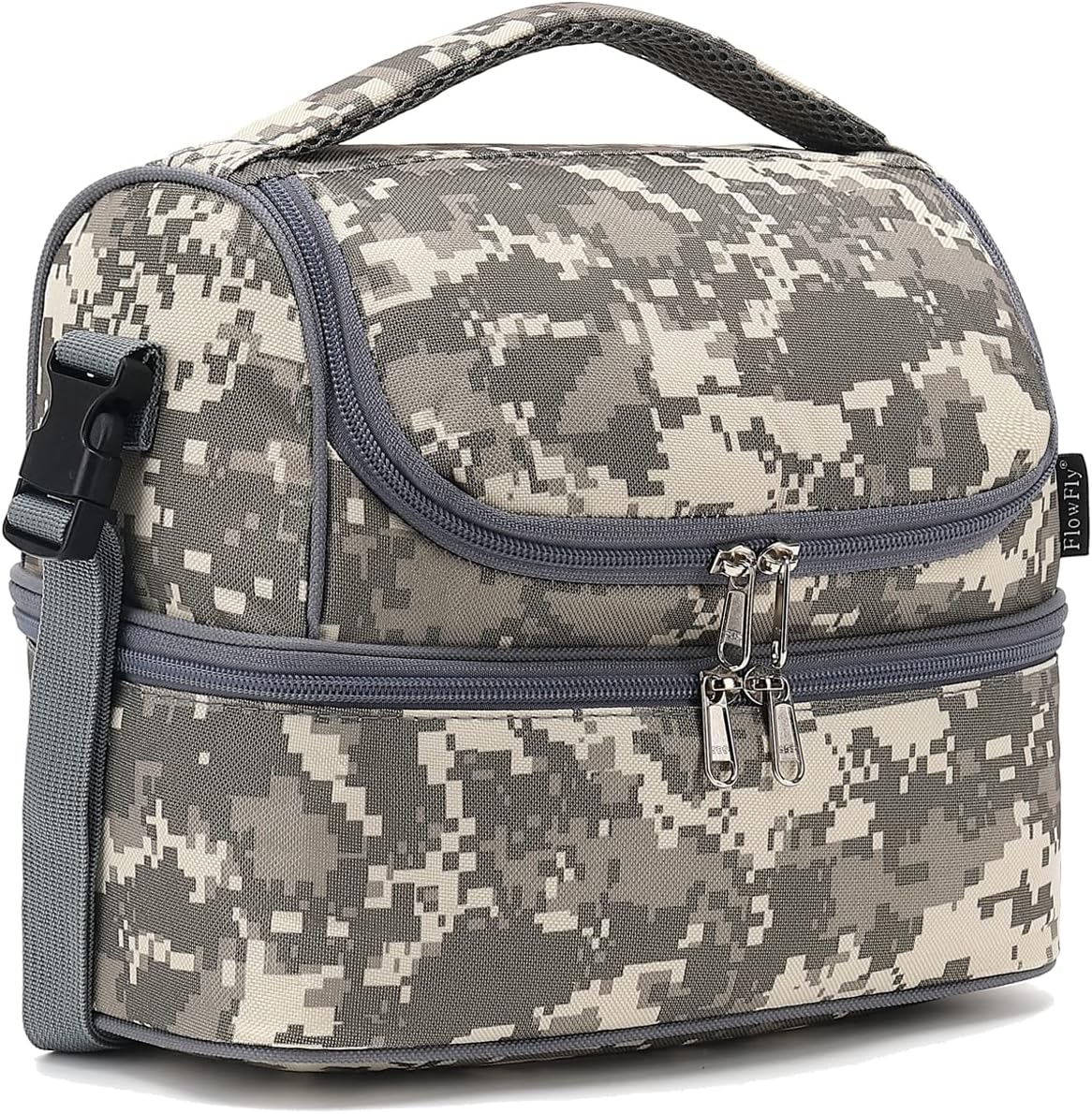 FlowFly Kids Double Decker Cooler Insulated Lunch Bag Large Tote for Boys, Girls, Men, Women, With Adjustable Strap, Digital Camo