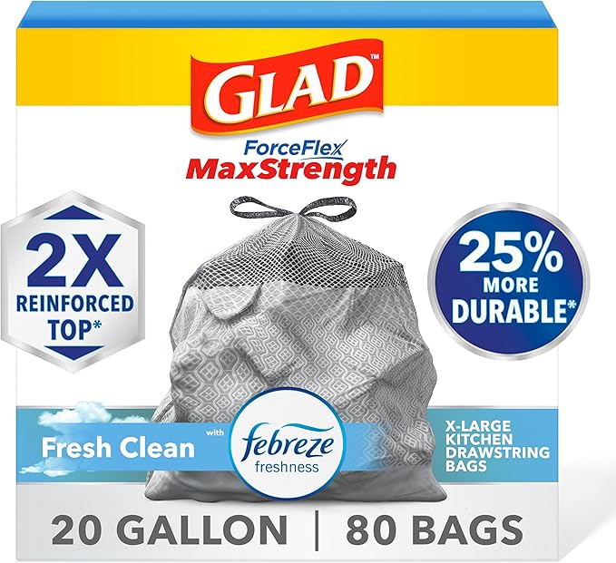 Glad ForceFlex MaxStrength Kitchen Trash Bags, 20 Gal, Fresh Clean Febreze by GladTrashFoodStorage