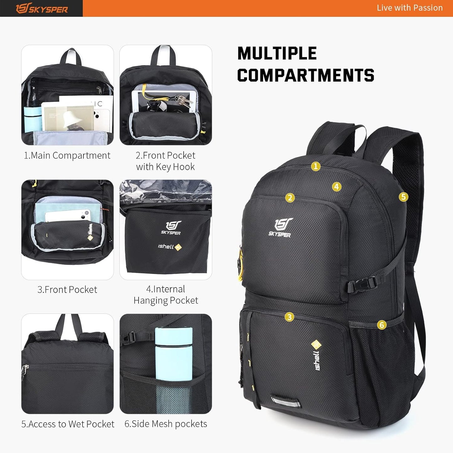 SKYSPER Lightweight Packable Backpack - 30L Hiking Daypack with Wet Pocket Foldable Travel Carry-on Backpack for Women Men
