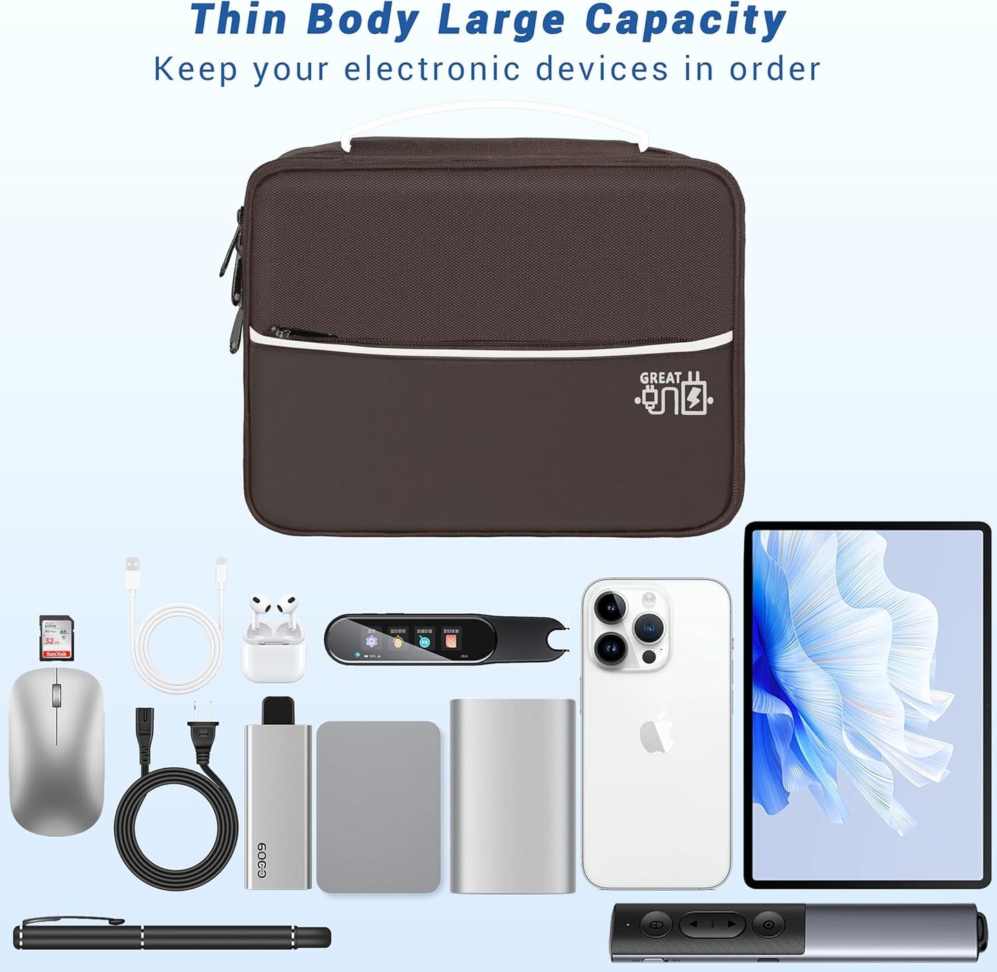 Electronics Organizer,Travel Cord Organizer Pouch, Portable Cable Organizer Bags, Waterproof Electronic Accessories Storage Case for Cables, Cords, Charger, Phone (Double Layer-Brown)