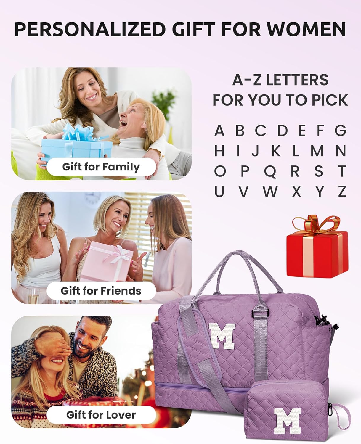 Personalized Gifts-Girls Duffle Bag with Shoe Compartment, Personalized Weekender Bag, Monogram Overnight Bag, Letter Travel Bag with Makeup Bag，Birthday Gift For Women Girl (Letter L)