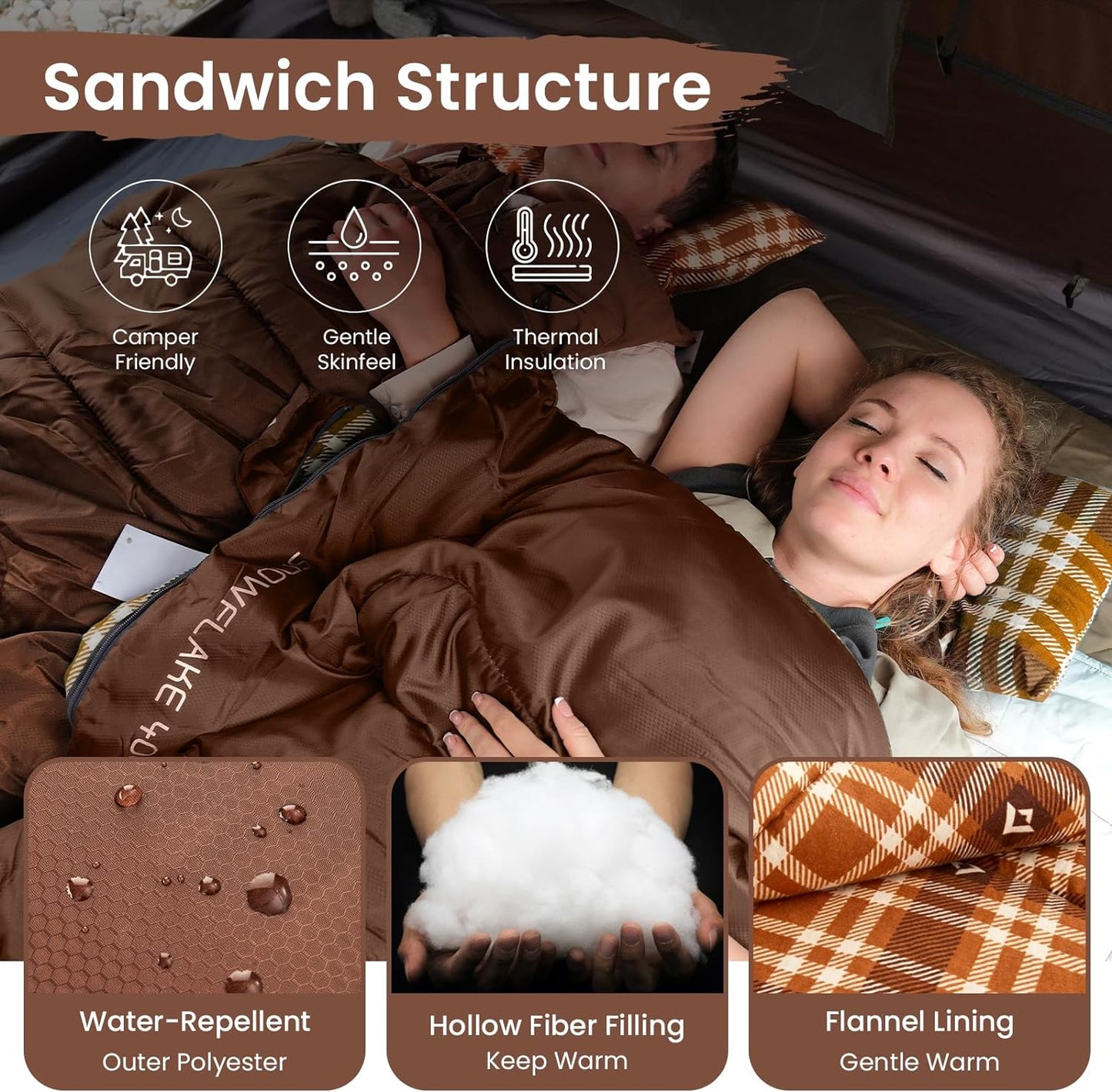KingCamp Sleeping Bag for Adults, Cold Weather & Warm XL Big and Tall Flannel Sleeping Bags with Compression Sack Portable Waterproof Essentials Gear Accessories for Outdoor Camping