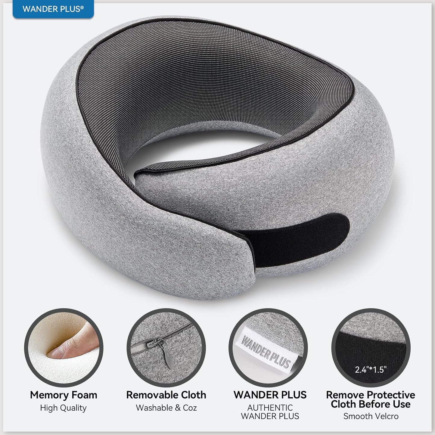 WANDER PLUS® Travel Neck Pillow, Pure Memory Foam Neck Pillow for Airplanes, Comfortable Breathable Cover, 360 Degree Support Ergonomic Design Best for Sleeping Plane Train Travel Essentials Max Grey