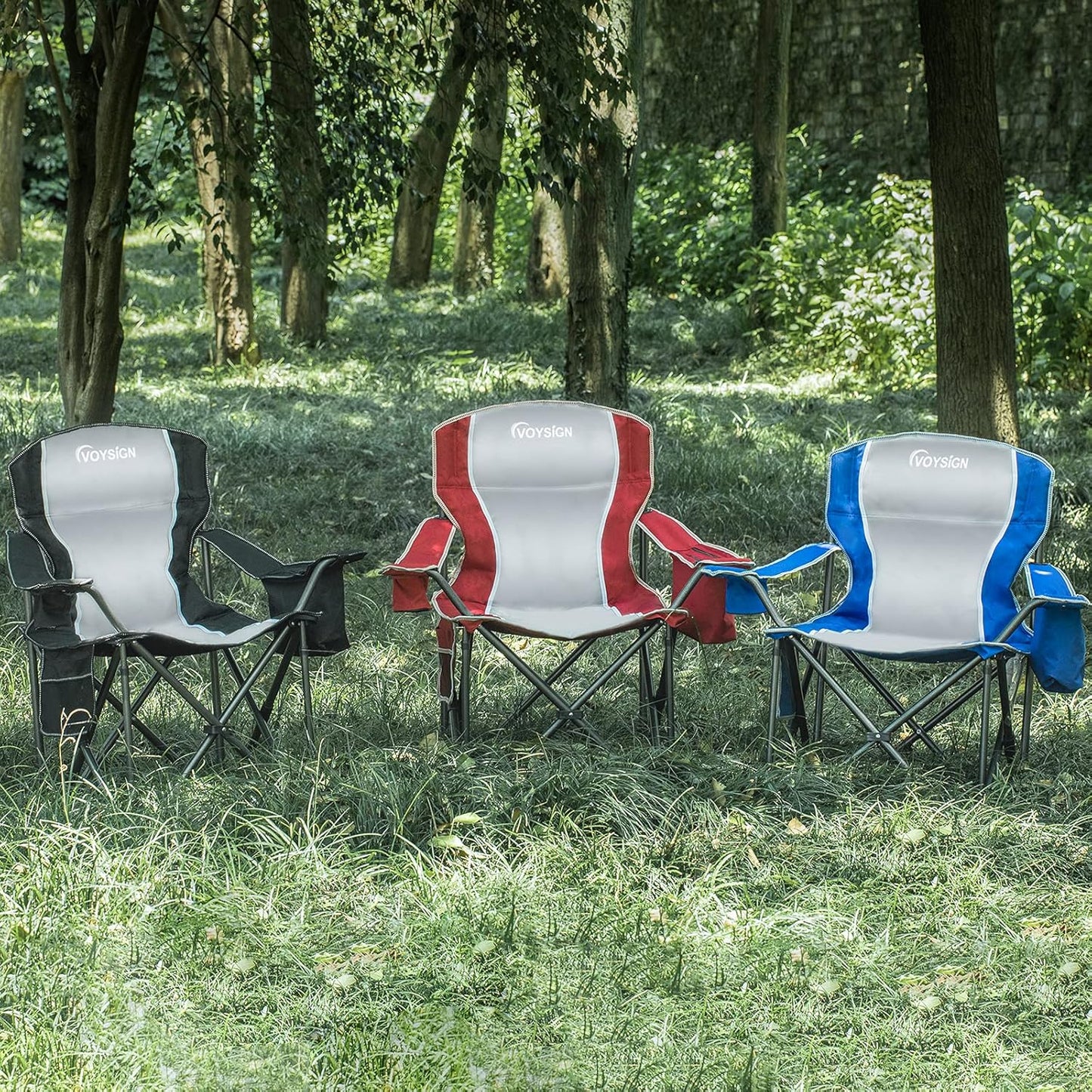Padded Camping Chairs for Adults, Oversized Folding Outdoor Chairs Red Color, Weight Capacity 475lbs, with Cooler Bag, Cup Holder, Storage Pocket, Carry Bag