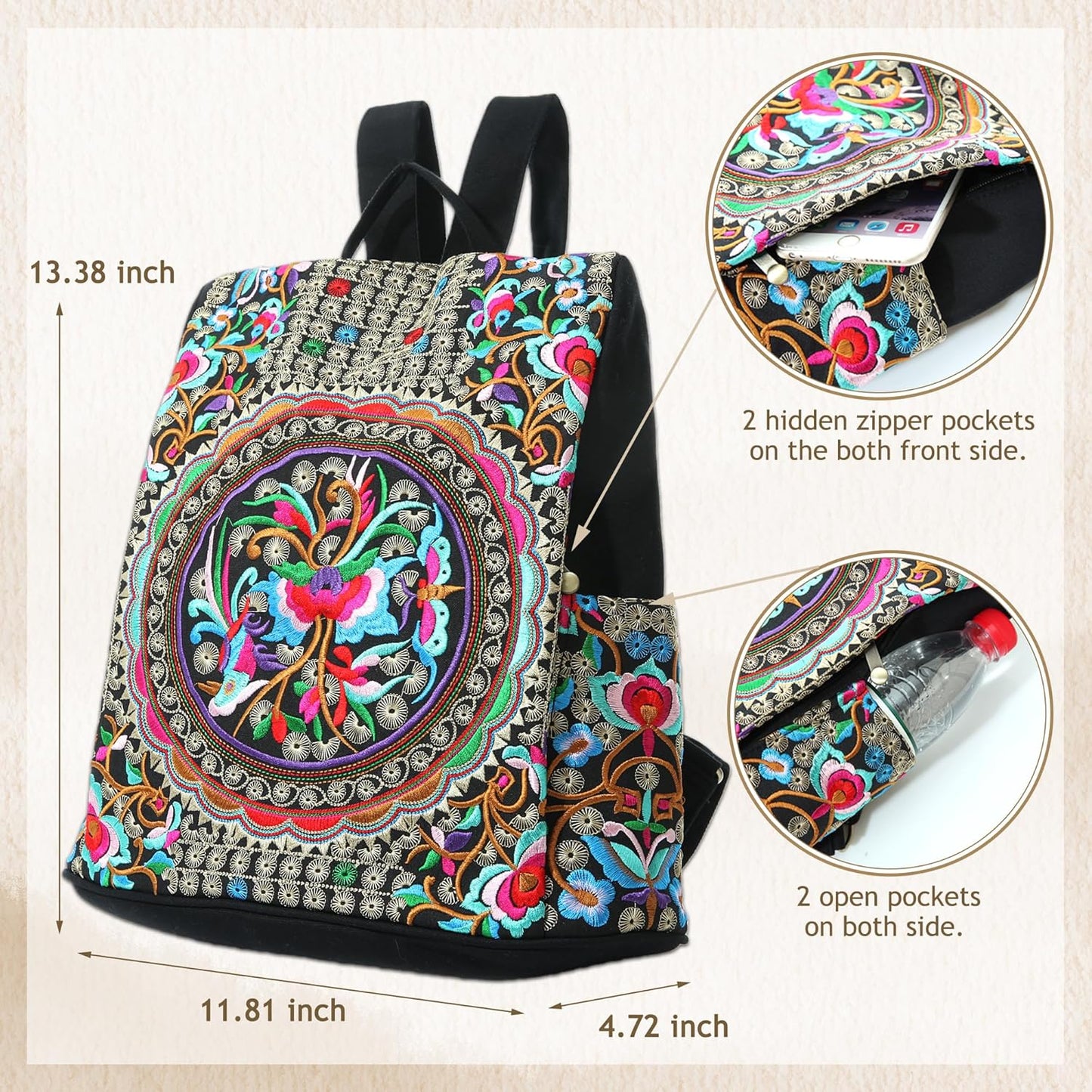 Jursccu Embroidered Women Backpack Purse, Fashion Canvas Travel Anti-theft Rucksack Shoulder Bag (Flower Embroidery)