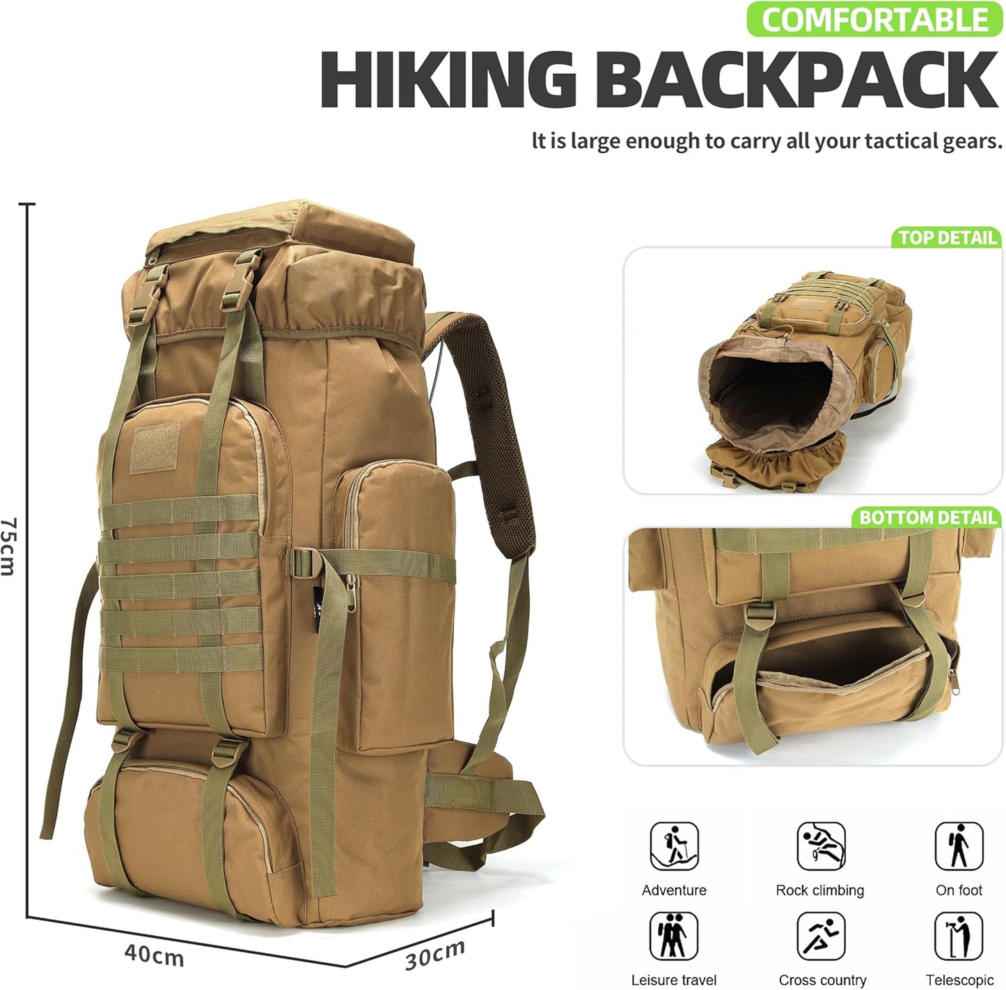 King'sGuard 70L Camping Hiking Backpack Tactical Backpack Military Molle Rucksack Backpack for Outdoor