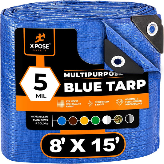 Better Blue Poly Tarp 8' x 15' - Multipurpose Protective Cover - Lightweight, Durable, Waterproof, Weather Proof - 5 Mil Thick Polyethylene - by Xpose Safety
