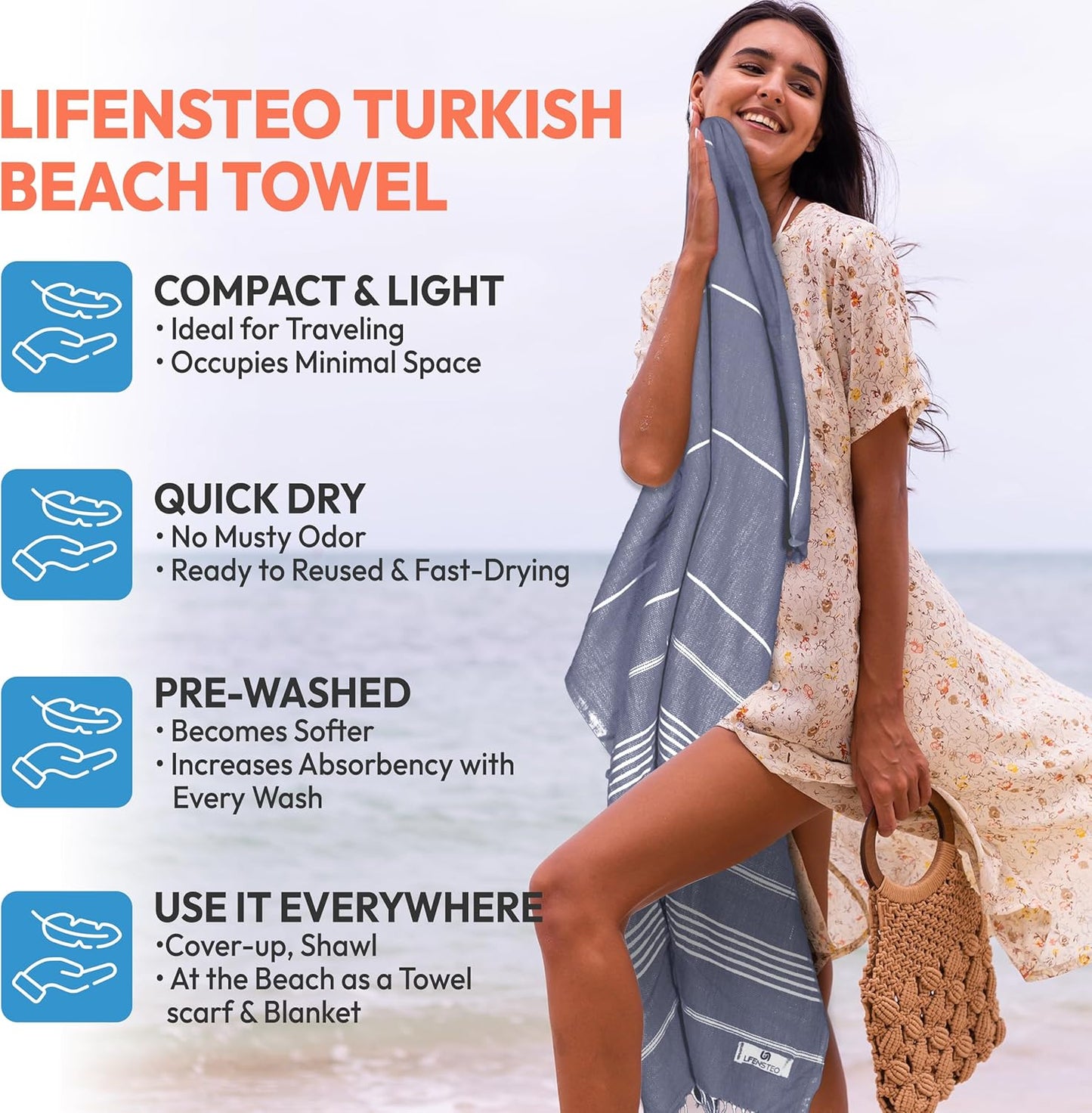 Turkish Beach Towel - 40x71 Inch Oversized Sand Resistant Prewashed Cotton Towel - Quick Drying, Compact, Lightweight for Beach, Bath, Pool, Gym, Yoga