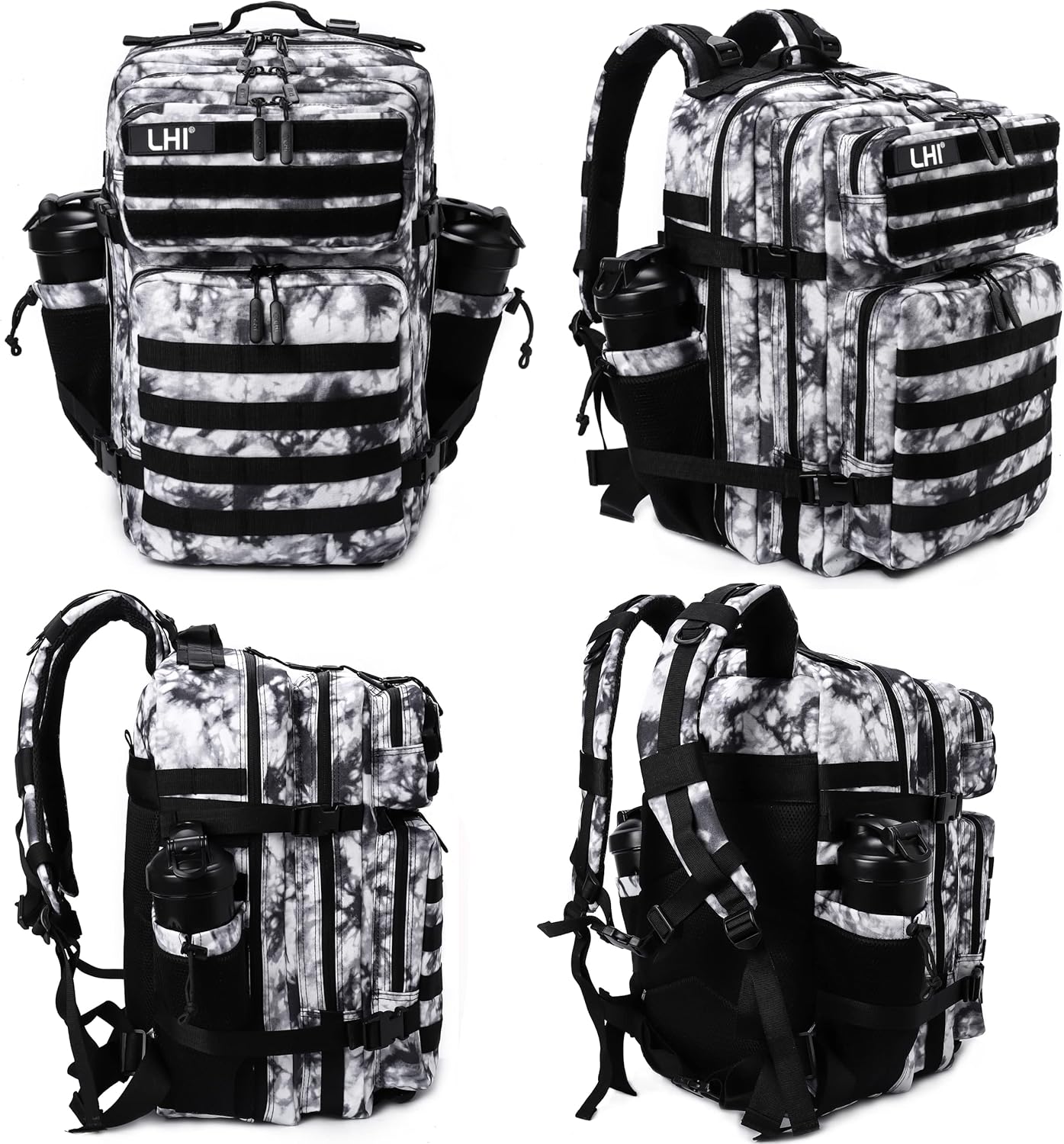 LHI Military Tactical Backpack for Men Molle Daypack 45L Army 3 Days Assault Pack Bag Large Rucksack With Bottle Holder Black and White(12*20*12)