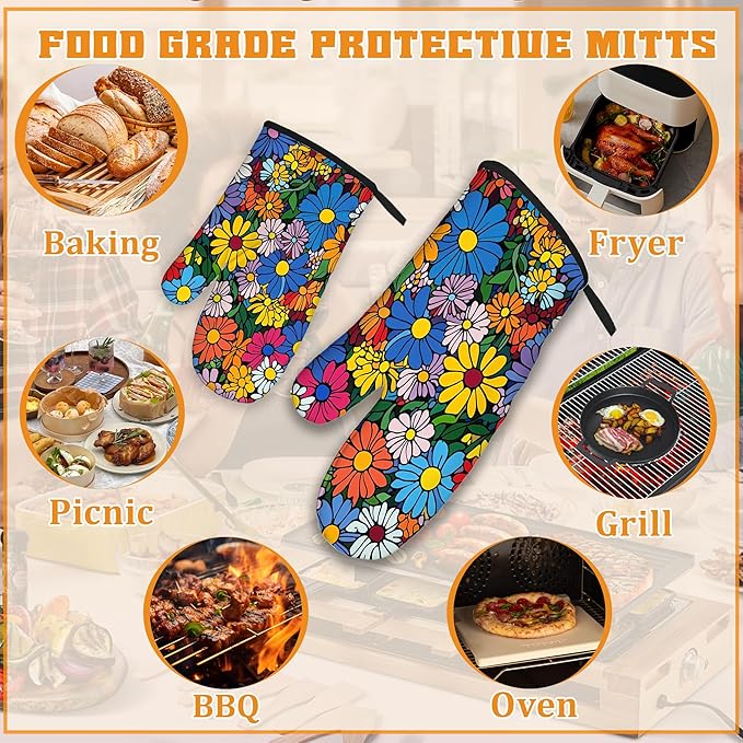 Abstract Hippie Flower Oven Mitts and Pot Holders, Heat Resistant Oven Mitts - Image 5