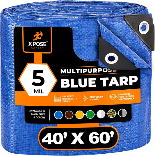 Better Blue Poly Tarp 40' x 60' - (Cut Size) Multipurpose Protective Cover - Lightweight, Durable, Waterproof, Weather Proof - 5 Mil Thick Polyethylene - by Xpose Safety