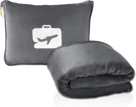 EverSnug Travel Blanket and Pillow - Ultra-Soft, Compact & Lightweight, 65x40 Inches, with Carry Case, Luggage Sleeve & Backpack Clip for Airplane Comfort (Grey)