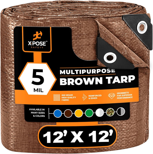 Multipurpose Protective Cover Brown Poly Tarp 12' x 12' - Durable, Water Resistant, Weather Resistant - 5 Mil Thick Polyethylene - by Xpose Safety