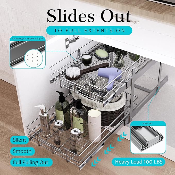 2 Tier Pull Out Cabinet Organizer 11" W X 22" D, Slide Out Drawers - Image 3