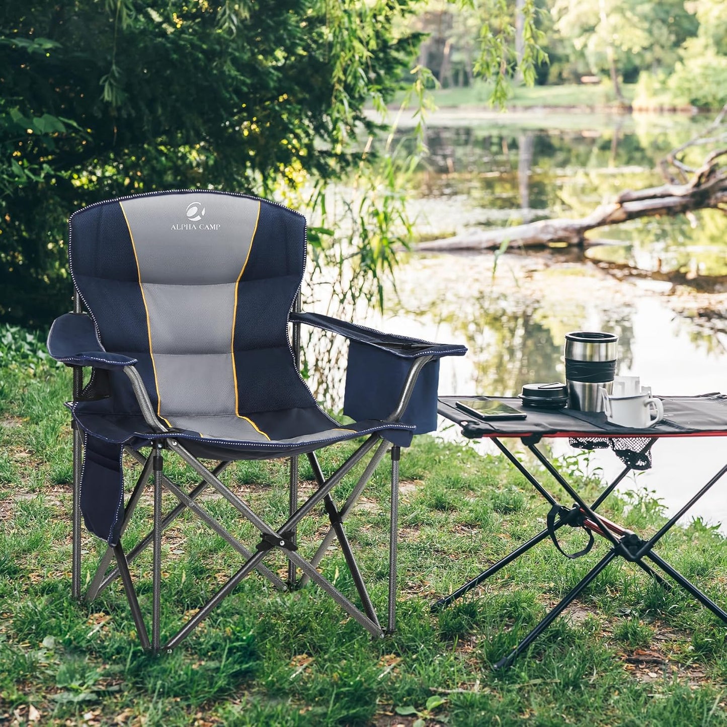 LET'S CAMP Folding Camping Chair Oversized Heavy Duty Padded Outdoor Chair with Cup Holder Storage and Cooler Bag, 450 LBS Weight Capacity, Thicken 600D Oxford