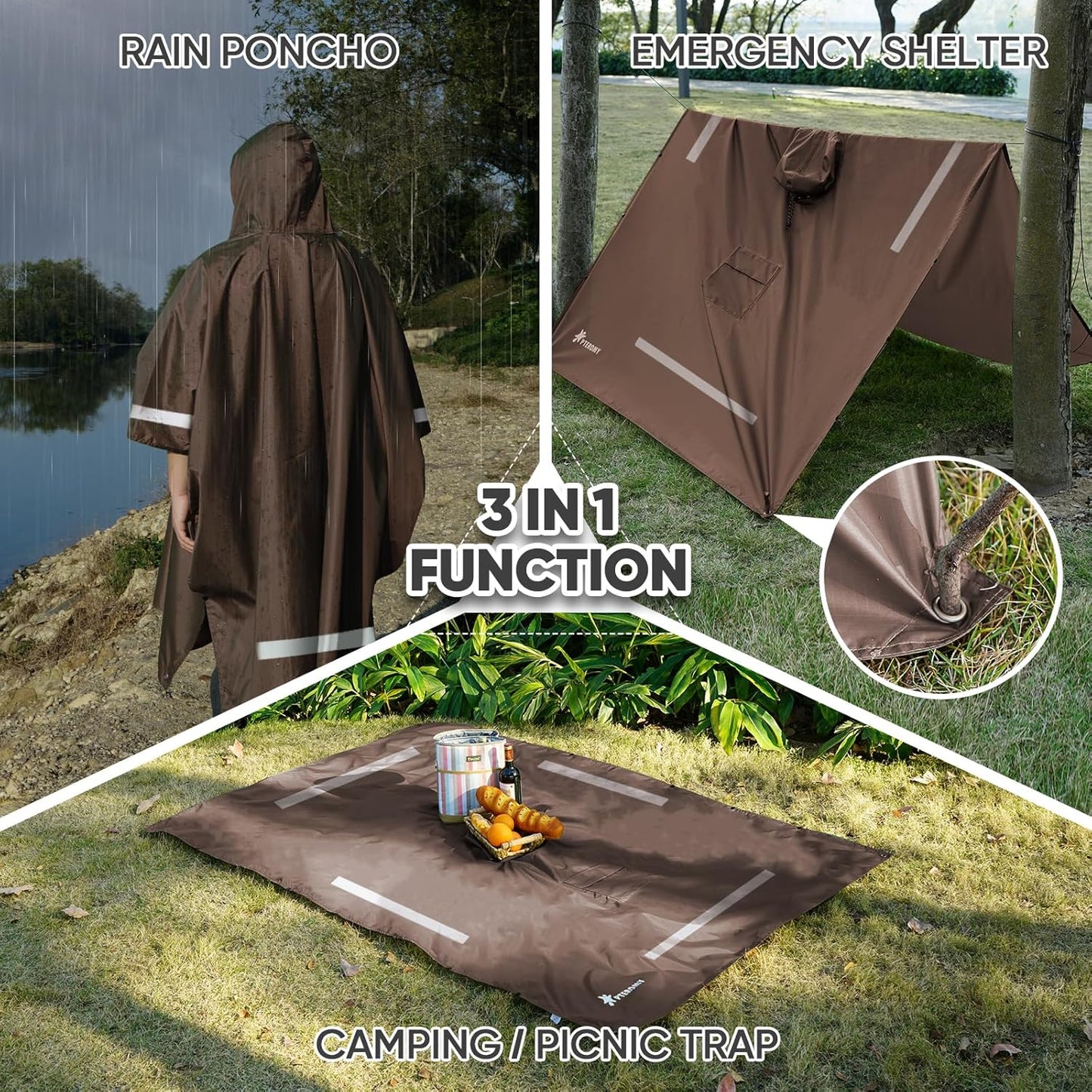 PTEROMY Hooded Rain Poncho for Adult with Pocket, Waterproof Lightweight Unisex Raincoat for Hiking Camping Emergency