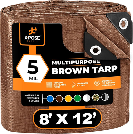Multipurpose Protective Cover Brown Poly Tarp 8' x 12' - Durable, Water Resistant, Weather Resistant - 5 Mil Thick Polyethylene - by Xpose Safety - by Xpose Safety