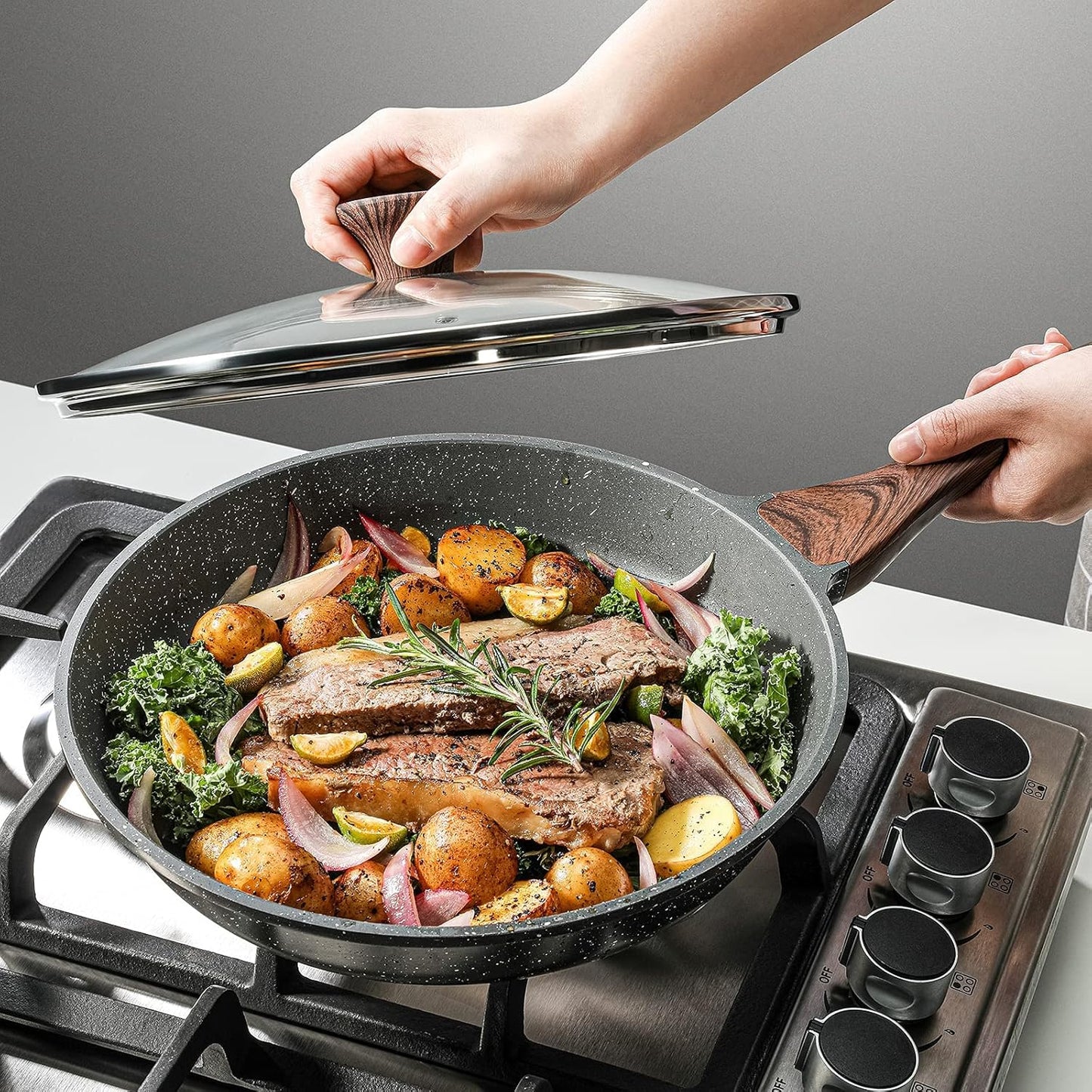 SENSARTE Nonstick Frying Pan Skillet with Lid, Omelet Pan with Cover, Healthy Cooking Chef's Pan, Kitchen Cooking Pan, Free of Intentionally Added PFOA/PFOS (12.5inch + Glass Lid)