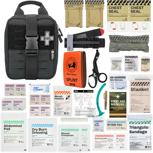 RHINO RESCUE IFAK Trauma Kit with C-A-T Tourniquet, Tactical First Aid Kit Molle Pouch for Military, Combat, Car, Camping, Hiking, Travel (Black)
