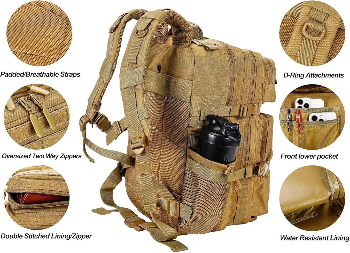LHI Military Tactical Backpack for Men and Women 45L Army 3 Days Assault Pack Bag Large Rucksack with Molle System - Khaki