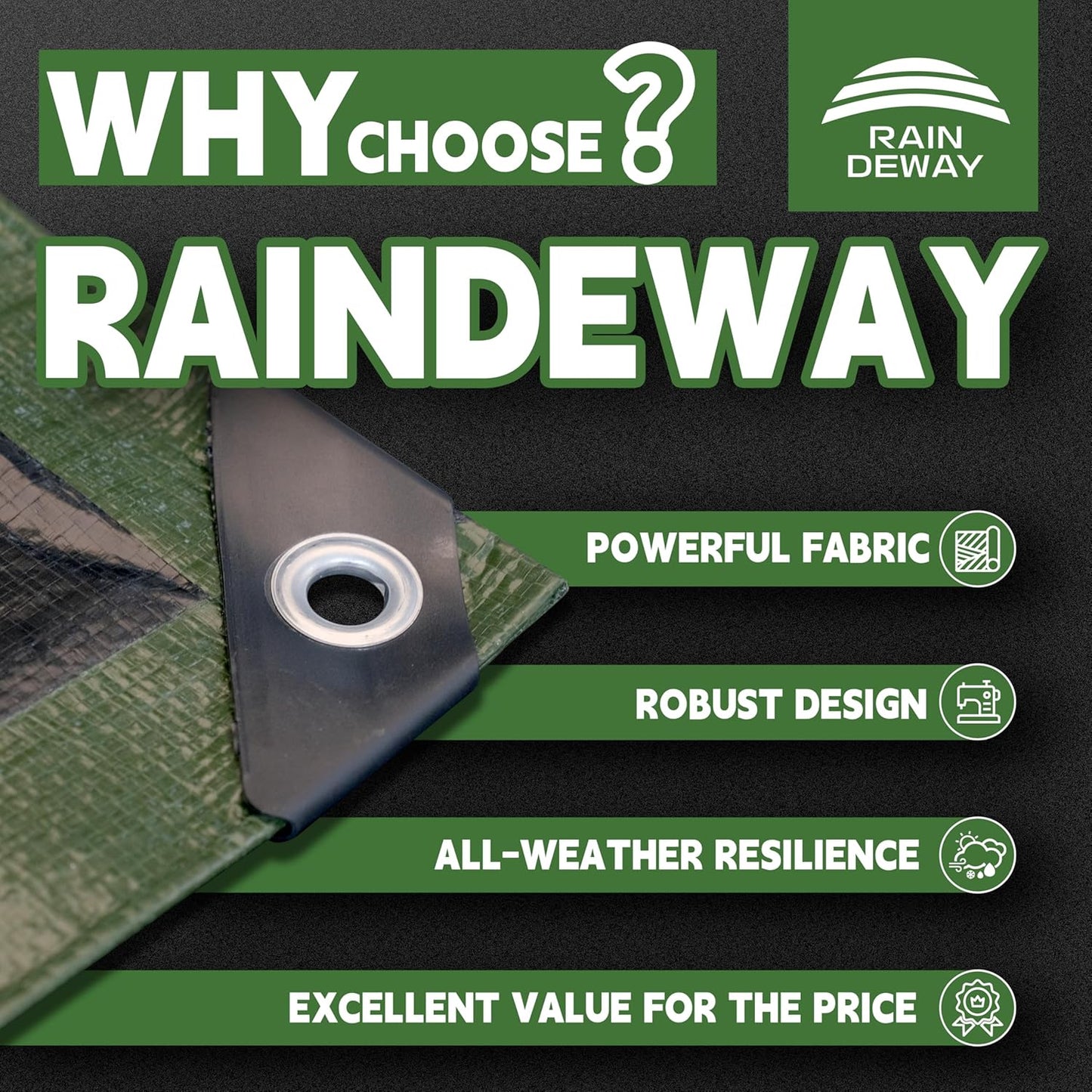 16x20 Feet Tarp Waterproof,9Mil Thick,Finished Size Tarps,UV Resistant,Durable,Multipurpose Poly Tarp Cover with Metal Grommets and Reinforced Edges,Green/Black by RAINDEWAY