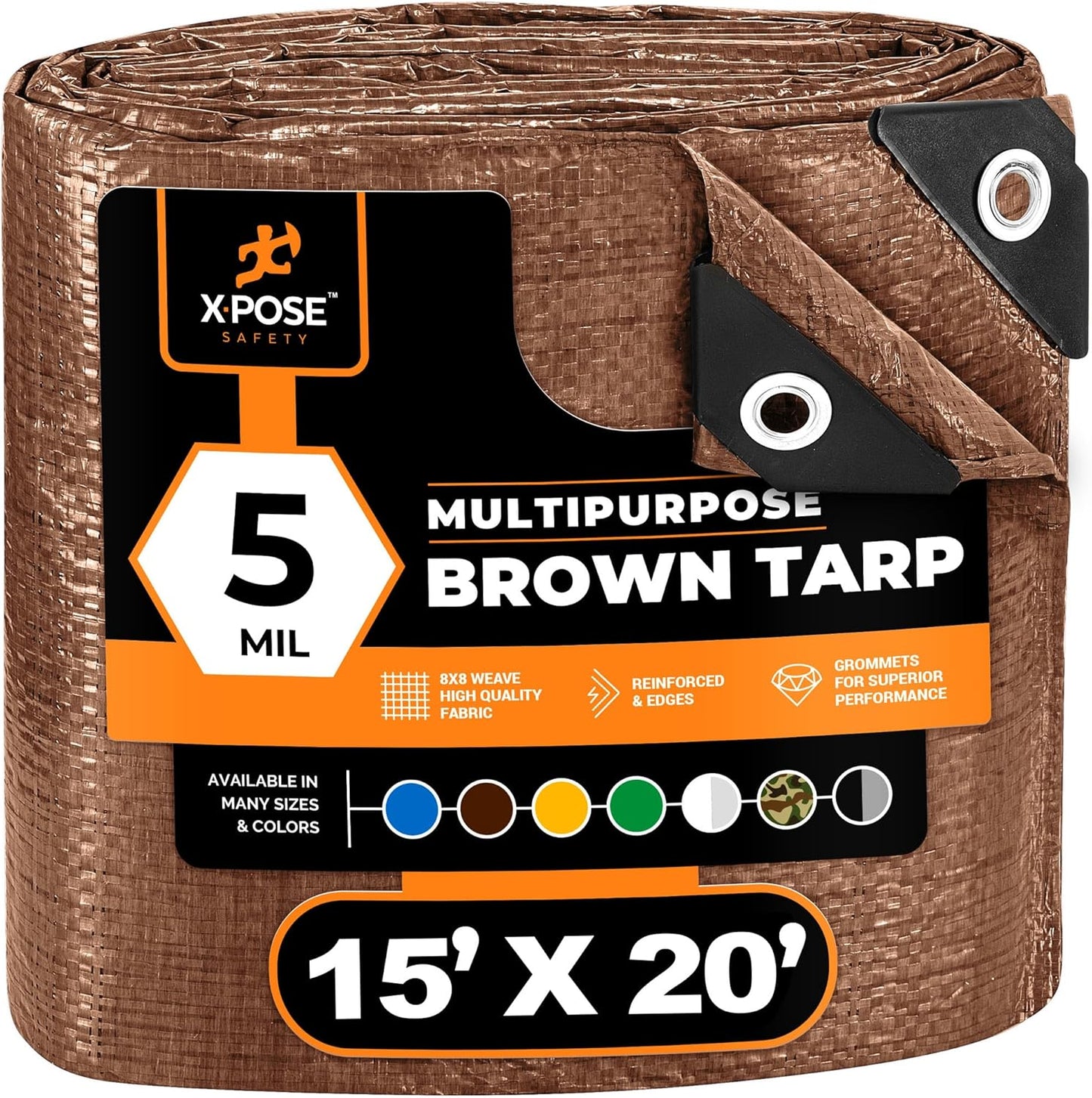 Multipurpose Protective Cover Brown Poly Tarp 15' x 20', Drop Cloth - Durable, Water Resistant, Weather Resistant - 5 Mil Thick Polyethylene - by Xpose Safety