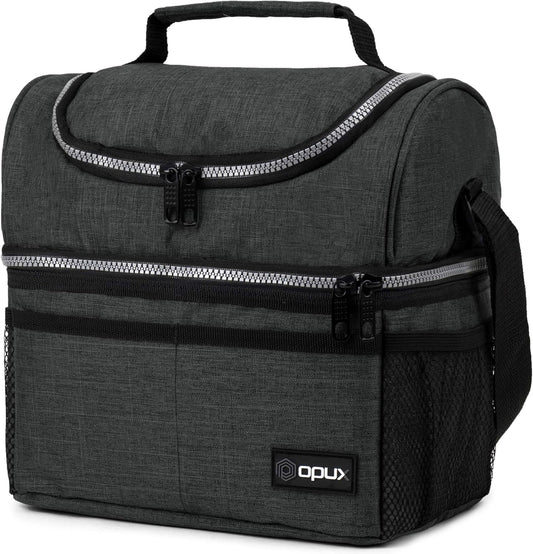 OPUX Lunch Box For Men Women, Insulated Large Double Decker Lunch Bag, Charcoal Gray, 10x7.5x10 Inches