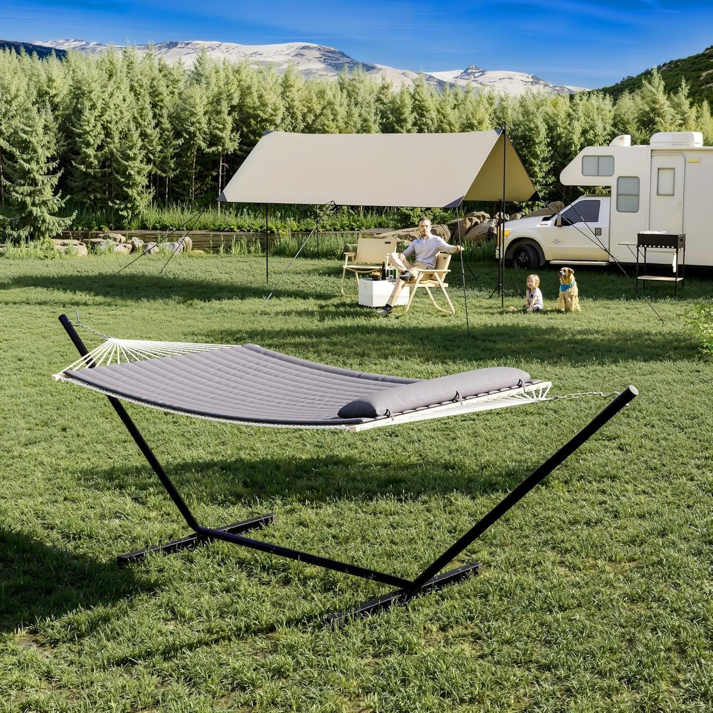 Double Hammock with Stand for 2 Persons Outdoor,Heavy Duty 450lb Capacity,with Portable Steel Frame,Cotton Rope,Polyester Pad and Carry Bag,Perfect for Garden Camping Beach Backyard Patio