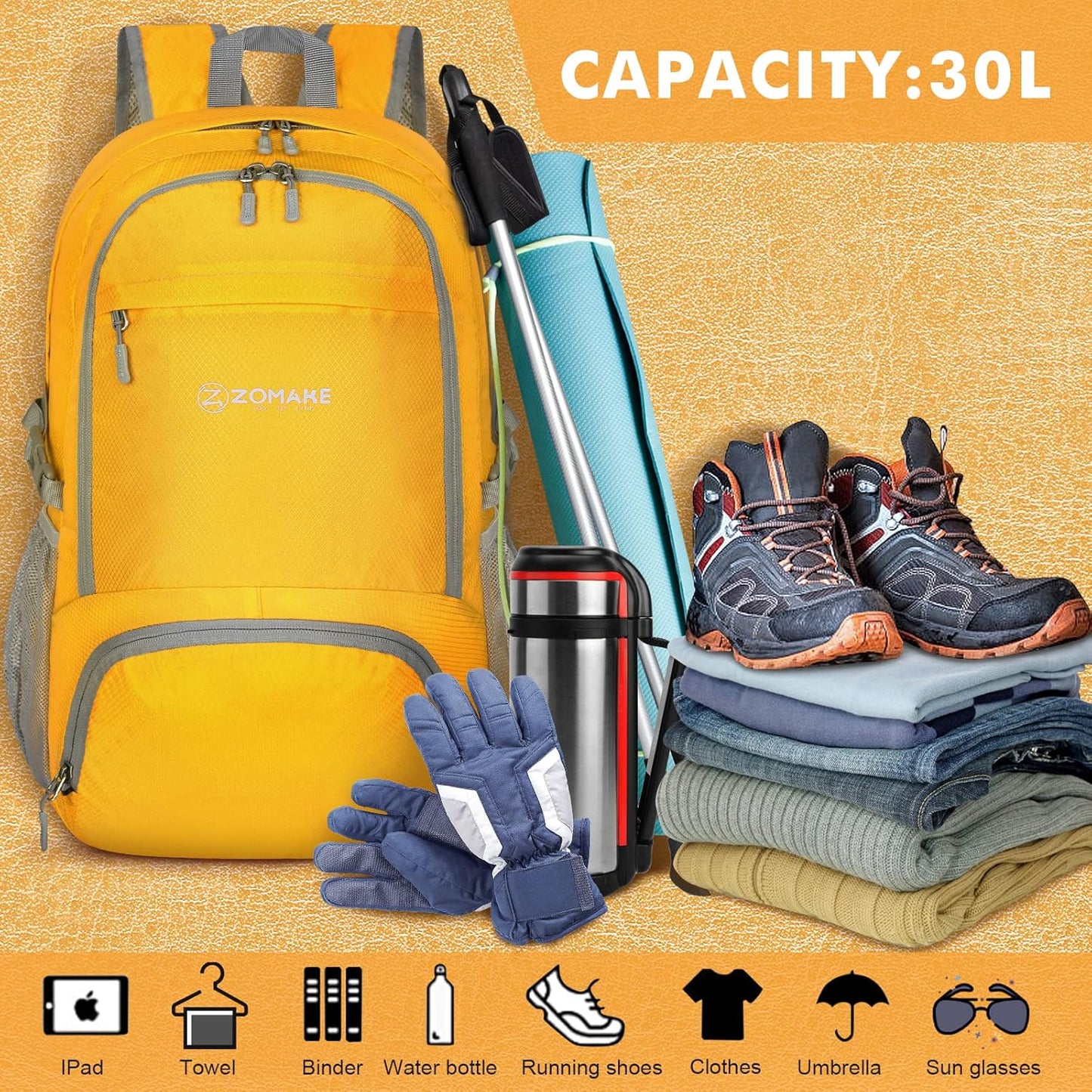 ZOMAKE Lightweight Packable Backpack 30L, Foldable Hiking Backpacks Water Resistant Compact Folding Daypack for Travel(Yellow)