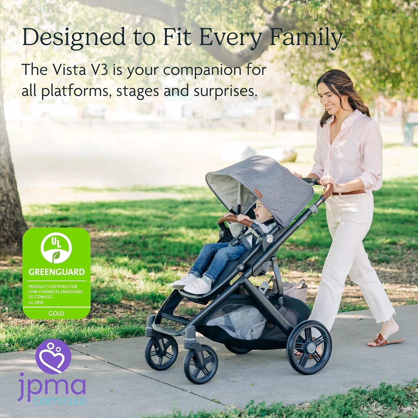 UPPAbaby Vista V3 Stroller - Full-Size Single-to-Double Stroller System - Toddler Seat, Bug Shield, Rain Shield, and Storage Bag Included - Callum (Stone Blue/Silver Frame/Sand Leather)