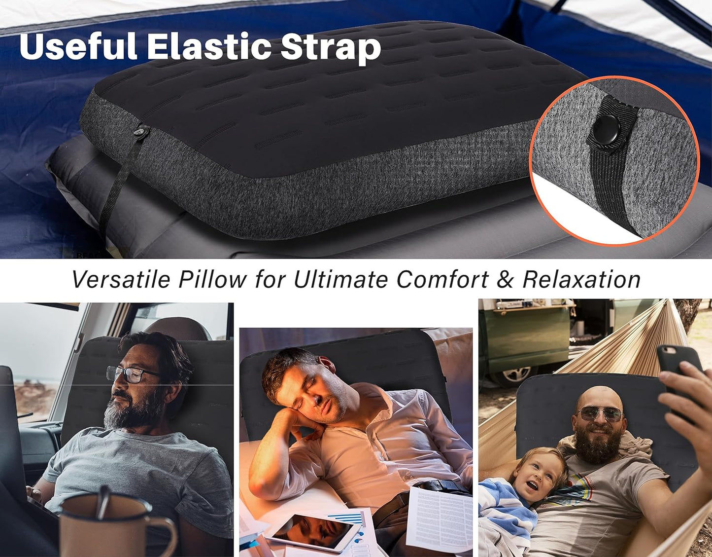 TREKOLOGY Camping Pillow - Large Inflatable (24"x15") for Home-Like Comfort, Portable & Ergonomic, Easy to Clean, Durable & Leak-Proof, Removable Strap for Secure Fit – ALUFT Ultra (Grey)