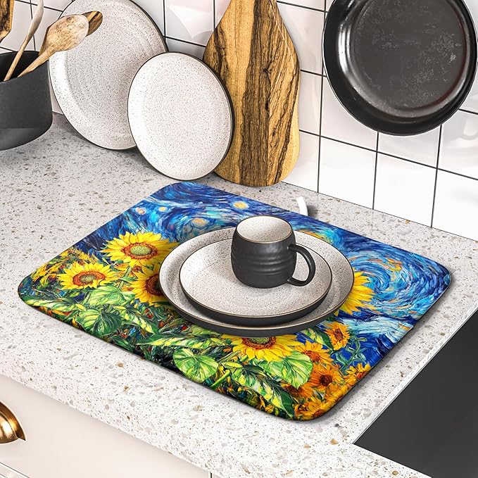 Sunflower Dish Drying Mat for Kitchen Counter 18x16 Inch Starry Night Drying Mat - Image 2