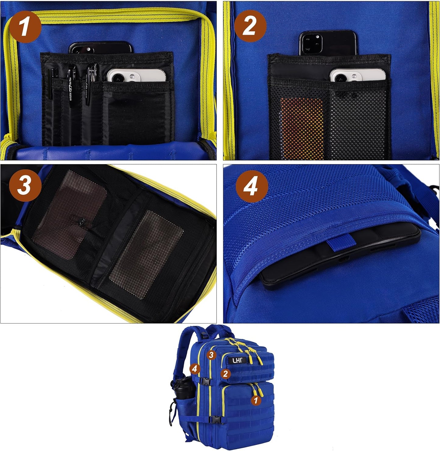 LHI Military Tactical Backpack for Men and Women 45L Army 3 Days Assault Pack Bag Large Rucksack with Molle System - Blue with yellow zipper